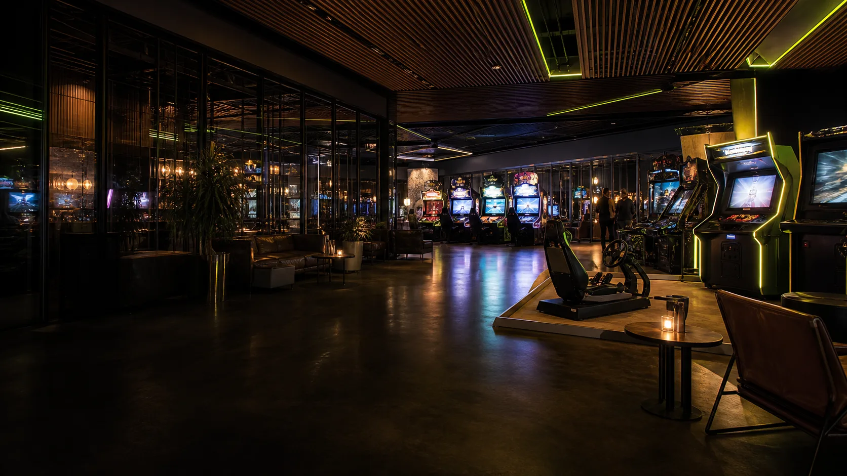 Luxury arcade and gaming lounge with racing simulators and neon-lit cabinets